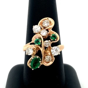 Estate 14K Yellow Gold Round Diamond Emerald Swirl Modernist Cluster Ring - Picture 1 of 9