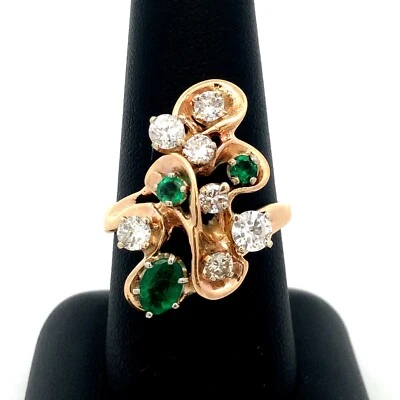Estate 14K Yellow Gold Round Diamond Emerald Swirl Modernist Cluster Ring - Image 1 of 4