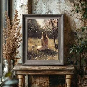 Spring Meadow Wall Art Print – Woman, Bunnies, and Cherry Blossoms Pastoral Deco - Picture 1 of 23