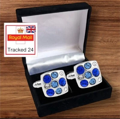 MENS PREMIUM RHINESTONE CUFF CUFFLINKS Wedding Gift Suit SET IN CUFFLINK BOX UK - Image 1 of 4