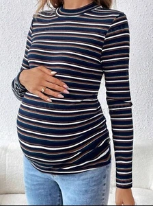 Maternity Casual Round Neck Long Sleeve Striped T-Shirt - Picture 1 of 5
