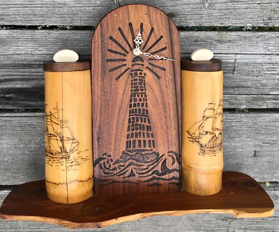 Vintage Wood Lighthouse Carved Clock Stash Caribou Horn Lids Sail Boats Nautical - Image 1 of 4