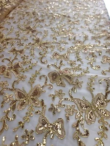 Gold Butterfly Design Lace Embroidered Sequins Fabric Sold By The Yard Prom - Picture 1 of 15
