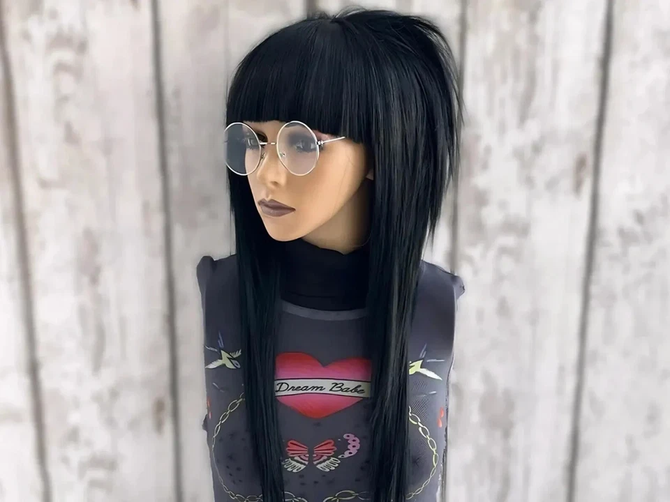 Emo Scene Wig Black, Layer Shag Wig Straight Bang, Punk Rocker Wig, Mullet Wig - Image 1 of 4