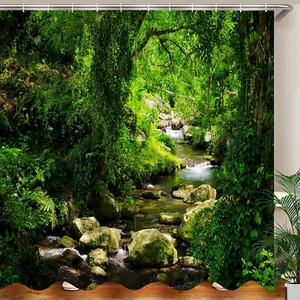 JOOCAR Garden Shower Curtain, Green Nature Forest Jungle Tropical Rainforest Woo - Picture 1 of 12