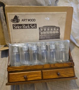 Vintage Art Wood Spice Rack  2 Drawers Japan W/ 6 Jars Labels Unused Open Box  - Foto 1 di 9