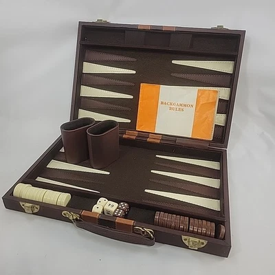 Vintage Deluxe Backgammon Briefcase Set Game with Case Brown Striped Complete - Image 1 of 4