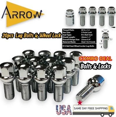 20 pernos de asiento de bola cromados 14x1,5 + juego de bloqueo para Porsche Bentley McLaren y más Foto 1 de 4