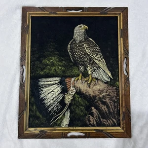 Vintage 70er Jahre Adler Indianer Kopfschmuck schwarz Samt Malerei 19 "x23" - Bild 1 von 13