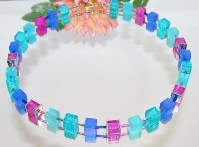 Halskette Würfelkette Perlen Würfel Glas türkis blau fuchsia brombeere 006f - Bild 1 von 4