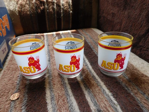 Vintage ASU Arizona State Sun Devils MOBIL Oil 3 Drinking Frosted Glasses Cover