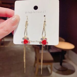 Elegant Red Pearl Cubic CZ Zircon Ear Earrings Stud Drop Dangle Women Jewellery
