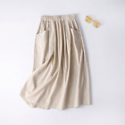 Ladies Plain Solid Cotton Linen Skirt Pocket Artistic Retro Dress Office Casual