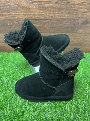 BEARPAW Toddler Girls Black Suede Leather Boots Size 8 Fleece Lined Button - Image 1 of 4