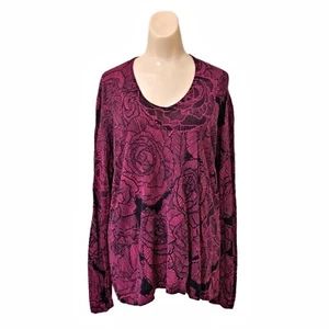 Dana Buchman Whimsigoth Knit Top Large Black Floral Long Sleeve Designer V Neck - Picture 1 of 6