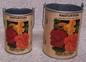 Flower Pot Antique Seeds Poster Nasturtium pair of 2 galvanized tin planters NEW - Picture 1 of 2