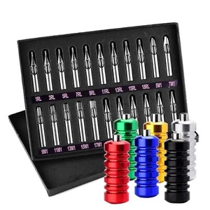 Kit de punta de acero inoxidable para tatuajes de EE. UU. 22 piezas redondo/plano/diamante tubo RT FT DT + 6 empuñaduras - Imagen 1 de 6