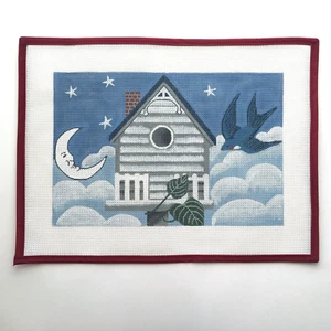 Handpainted Needlepoint Canvas Birdhouse Night Blue Moon Stars Clouds 14 Mesh - Picture 1 of 2