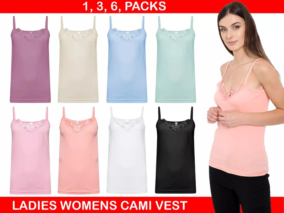 Womens Strappy Vest Cami with Flower Details Womens Tank Top Cotton Pack 1,3,6 - Image 1 of 4
