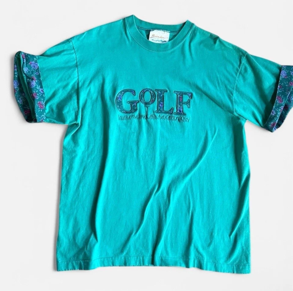 Camiseta Grandma Core GOLF Bordada Acolchada Verde Azulado Púrpura Floral Gráfico Fuente L Foto 1 de 4