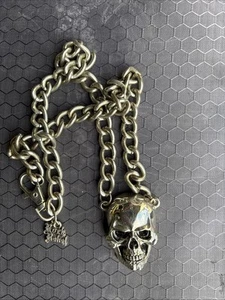 22” Skull Skeleton Silver Chrome Rock Rebel Pendant Halloween Necklace - Picture 1 of 3
