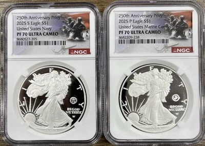 2025  $1 Proof Silver American Eagle Navy & Marine Corps Privy NGC PF70, 2 Coins - Image 1 of 2