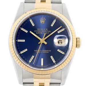 Rolex Mens Datejust 16233 18K Gold Steel Two-Tone Blue Dial Watch w/ Rolex Band - Picture 1 of 7