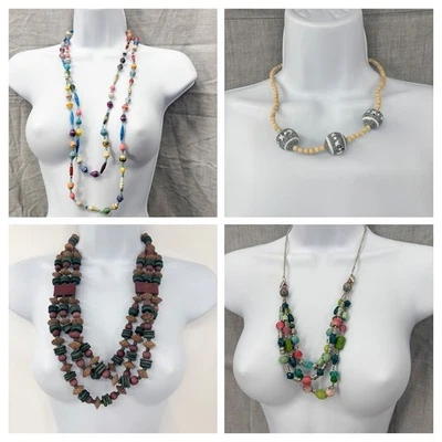 Lote de 4 Collares Boho Cuentas - Madera, Cerámica, Cuentas de Papel, Capas Multicolor Foto 1 de 4