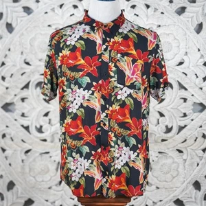 Empyre Men's L Floral Shirt Black Red Tropical Button Up Summer Drapey Rayon - Picture 1 of 8