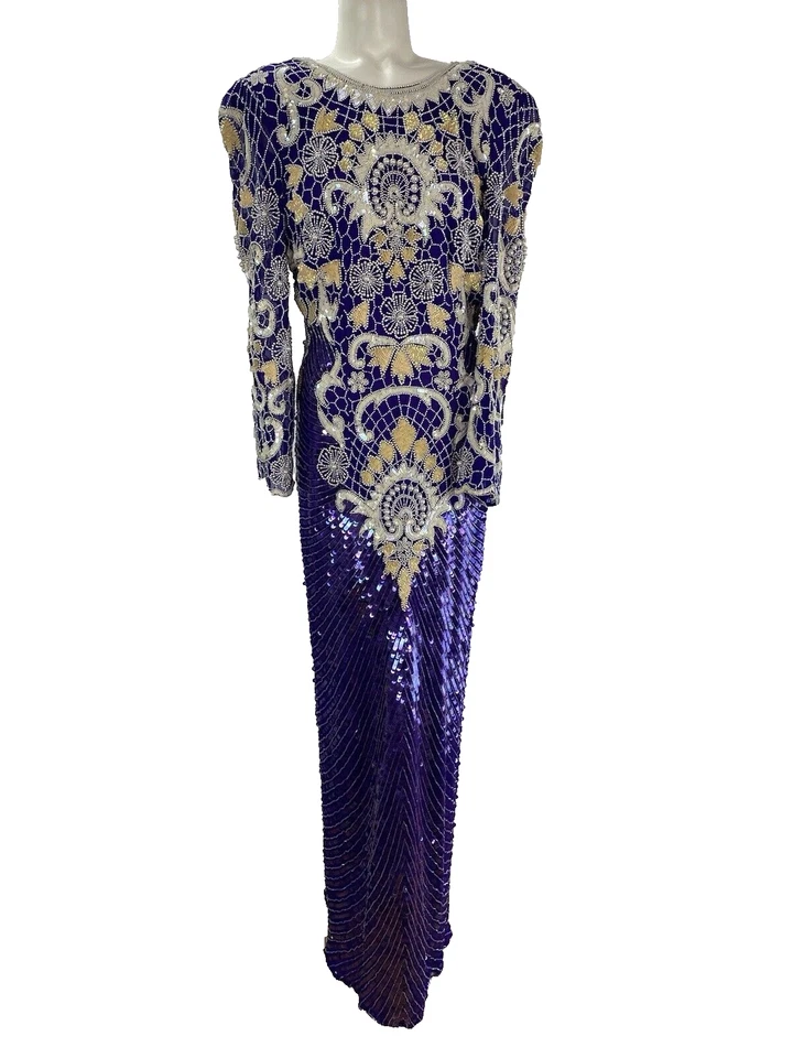 Alisha Vintage Sequin Beaded Silk Evening Gown Women’s 10/12 Purple Long Sleeve - Image 1 of 4