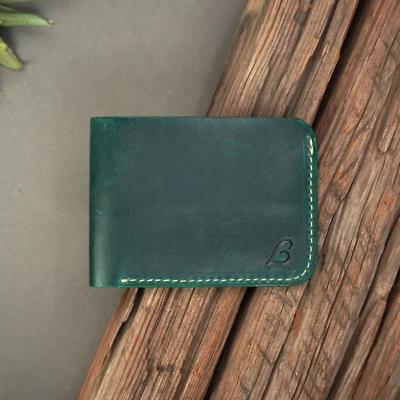 Cartera plegable de cuero puro de grano completo hecha a mano genuina para hombre, delgada y natural Foto 1 de 4