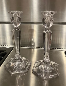 Vintage Clear Pressed Glass Candle Holder Hexagon Base 8-1/2 Inches - Picture 1 of 9