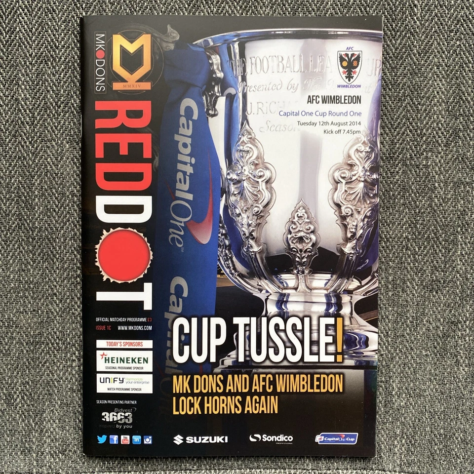 * MK Dons vs AFC Wimbledon Capital One Cup Football Programme with Teamsheet - Image 1 of 3