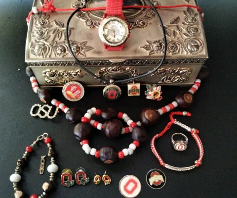 Ohio State Buckeyes Buckeye Necklace Bracelet and Various Pins and Jewelry Cover