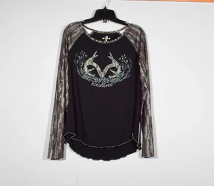 Women's Realtree Original Shirt Black with Camo Sleeves and Staghorn Logo Sz M - Picture 1 of 3