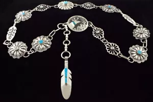 Sterling Silver & Natural Turquoise Link Concho Belt By Lorenzo Tafoya - Picture 1 of 9