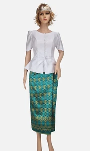 Cambodia Clothes Khmer Skirt White Blouse Korean Silk Women Size M - Picture 1 of 8