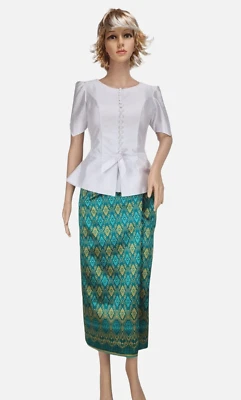 Cambodia Clothes Khmer Skirt White Blouse Korean Silk Women Size M - Image 1 of 4