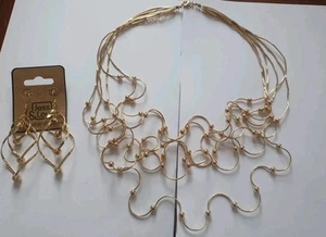 Statement Multi Wire Choker Necklace/Earring Set. Bead Decoration Necklace. Gilt - Picture 1 of 6