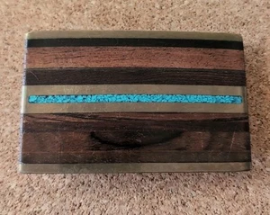 Turquoise Mixed Wood Inlay Kenneth Reid Vintage Belt Buckle - Picture 1 of 8