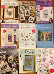 Lot 9 Cross Stitch Booklet Leaflet Bunny, Carousel, Seashore, Faires, Dragons… - Bild 1 von 11