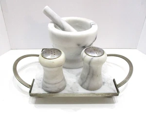 Large Vtg Heavy Marble Mortar & Pestle w Salt & Pepper on Marble & Metal Trivet - Picture 1 of 8
