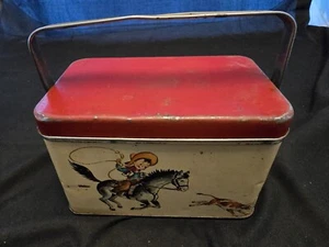 Vintage 1950er Western Cowboy Cowgirl Brotdose 6,5" Breite 4,25" Höhe 4" Tiefe - Bild 1 von 14