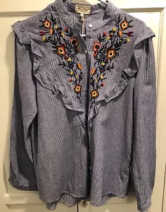 Mello Day Stitch Fix Floral Striped Embroidered Button Up Top Medium M - Picture 1 of 8