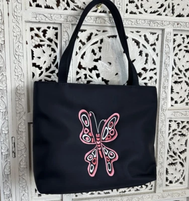 Bolso de Mano Pequeño Bob Mackie Usable Arte Bordado Rosa y Negro Mariposa Foto 1 de 4