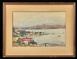 Original 1932 Framed Watercolor Painting American School New England Harbor Vtg - Picture 1 of 8