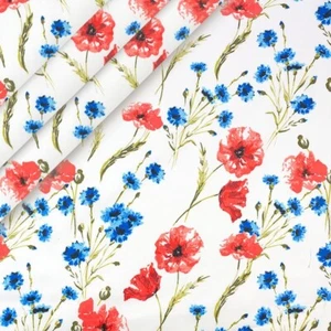 Amapola Rojo Flores Prado Sobre Blanco 100% TELA ALGODÓN por metro - Imagen 1 de 2