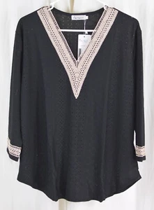 LIOFOER Women's Casual 3/4 Sleeve Lace V Neck Shirt Black Size XL - Picture 1 of 3