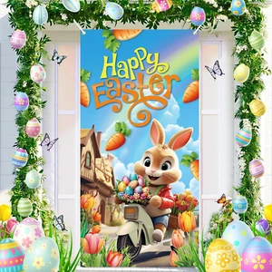 Happy Easter Door Cover, Cute Bunny Carrot Photography Backdrop Colorful Easter - Picture 1 of 12