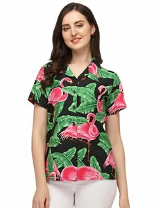 Hawaiian Shirts Womens Big Pink Flamingo Aloha Beach Shirt Blouse - Picture 1 of 36